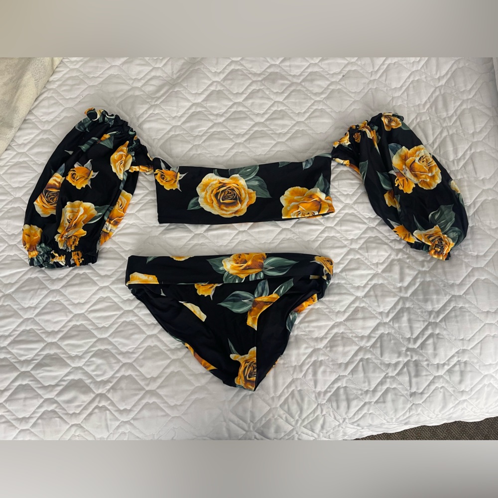 WeWoreWhat x Onia Ravello Roses Floral Puff Sleeve Bikini Top and Bottom